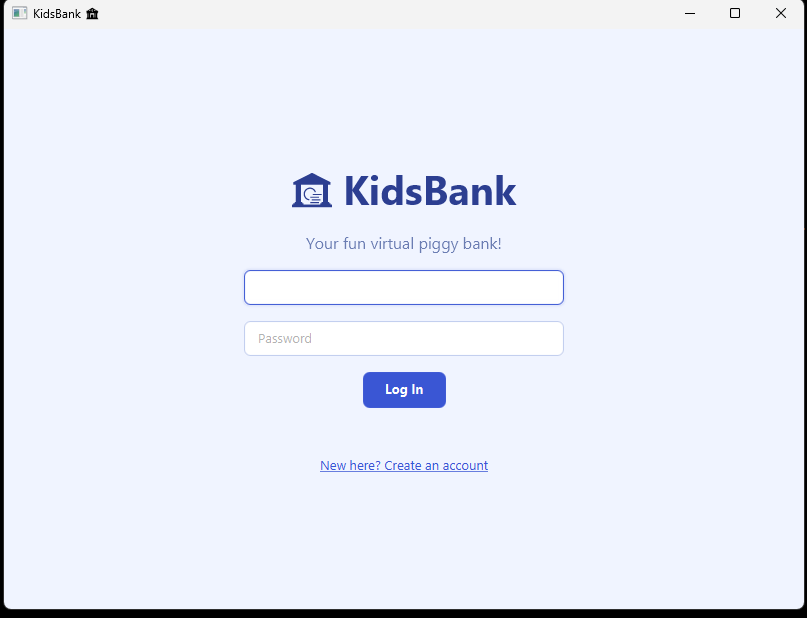 KidBank login screen