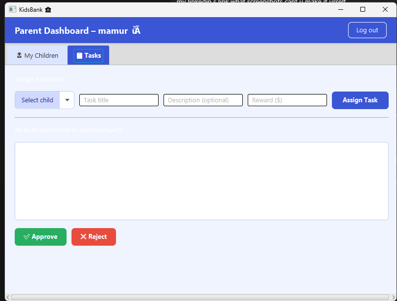 KidBank parent task dashboard